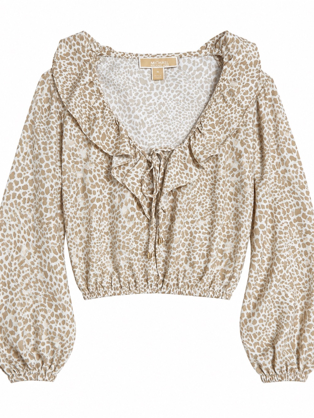 Michael Kors Beige Animal-Print Ruffle Tie-Neck Cropped Blouse